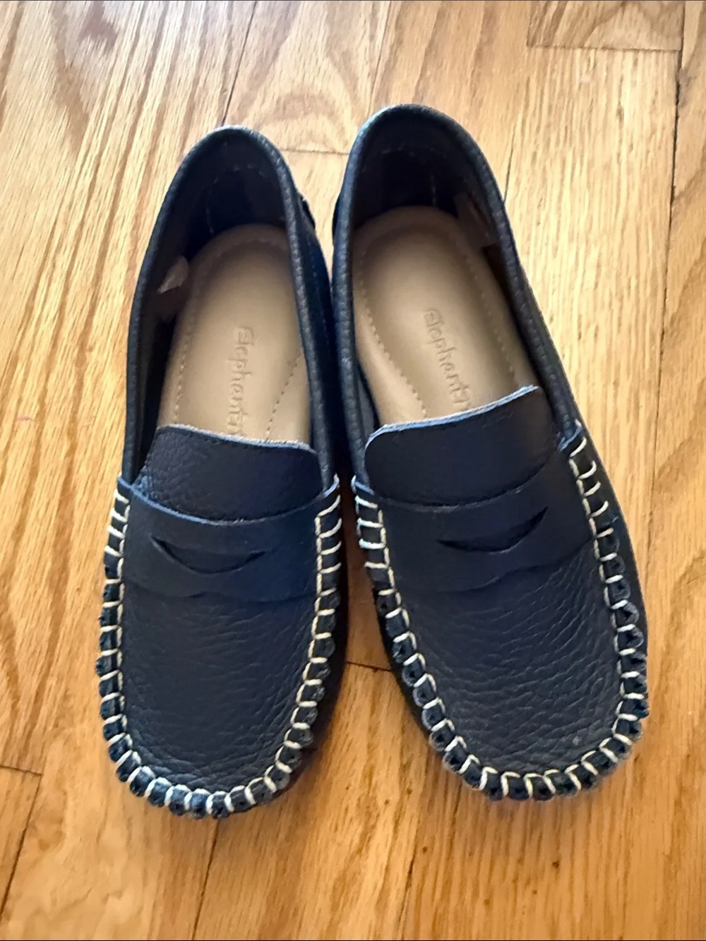 Elephantito sz 12 Leather Moccasin Loafers in Navy with Contrast Stitching